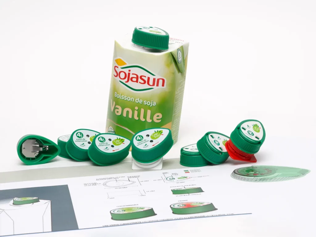 Photo de l'innovation "Bouchon dateur" avec la marque Sojasun